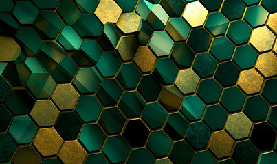 Honeycomb of emerald and gold texture background