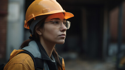 Female worker wearing a hard hat. Generative AI