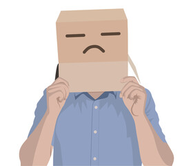 Portrait of a sad man with a box on his head