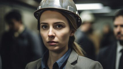 Female worker wearing a hard hat. Generative AI