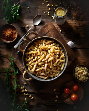 Top view Chickpea bean fusilli pasta in a wooden table
