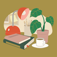 Illustration of Books And Coffee On The Desk