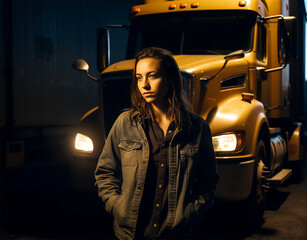 young female truck driver. Generative AI	