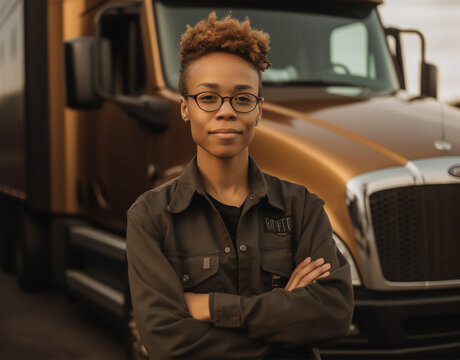 young female African American truck driver. Generative AI	