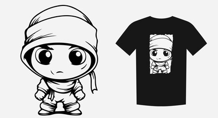Captivating monochrome cartoon of a cute and sad baby ninja. Perfect for prints, shirts, and logos. Expressive and playful. Vector illustration.