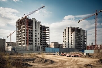 Fototapeta na wymiar Construction site of new residential complex with cranes and building materials