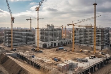 Construction site of new residential complex with cranes and building materials