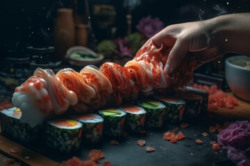 Making sushi rolls. Created with generative AI technology.