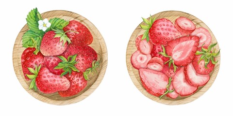 Ripe strawberries on a wooden plate, watercolor illustration. Two bowls with farm berries, top view. Healthy eco food. ingredient for tea, yogurt, baking. farm product.