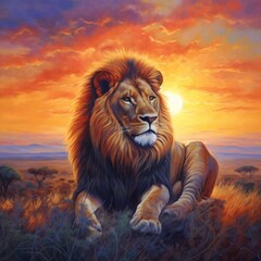 Majestic Lion Silhouetted in the Sunset. Generative AI