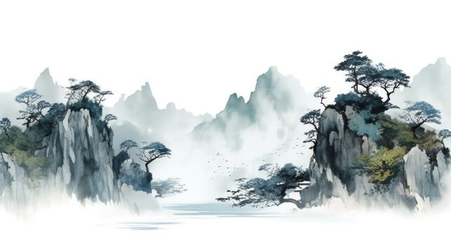 Chinese feng shui ink landscape painting, classical abstract Chinese wind landscape artistic conception illustration
