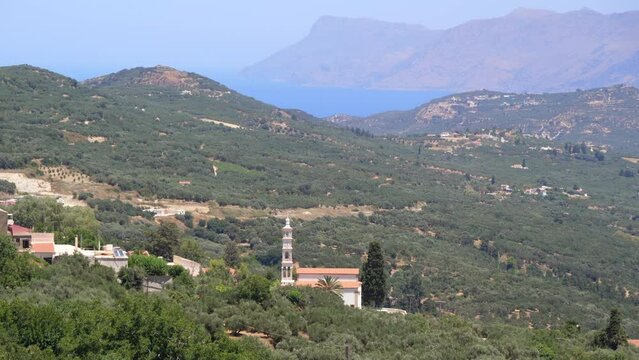 Topolia Church in Airy Green Valley Landscape in Crete, Static, Sunny.