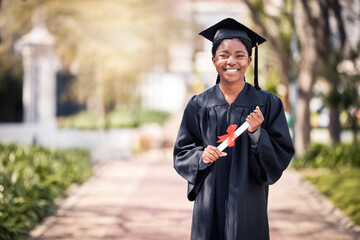 Portrait, scholarship or certificate with a graduate black woman on university campus at a...