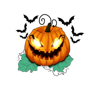 halloween pumpkin with glowing eyes with bats