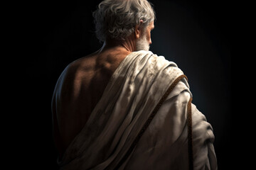 Back view of an ancient Greek or Roman philosopher wearing a toga