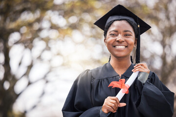 Portrait, smile or certificate with a graduate black woman on university campus at a scholarship event. Education, graduation or degree with a happy female pupil standing outdoor as a college student