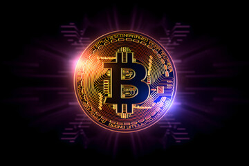 Naklejka premium Cryptocurrency bitcoin, golden coins on blured stock background, Generative AI