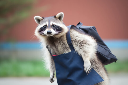 Generative AI.
a raccoon carrying a bag to school