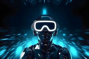 Robot in virtual reality glasses, concept technology background, AI generated