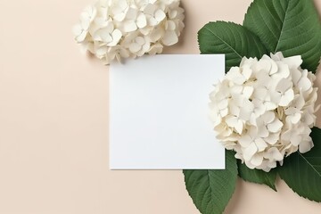  Weißes Papier, Grußkarte, Postkarte neben Blumen und Blättern. Romantischer Brief Dekoration generative Ai