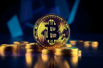 Cryptocurrency bitcoin, golden coins on blured stock background, AI generated