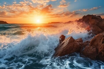 Fototapeta na wymiar Welle die gegen einen Stand an der Küste schlägt und dabei spritzt, mit Sonnenuntergang im Hintergrund generative Ai