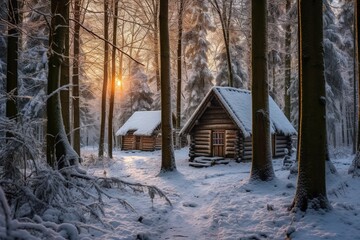 Luxus Camping im Winter, Winterlandschaft im Wald mit Schnee und Holzhaus generative Ai