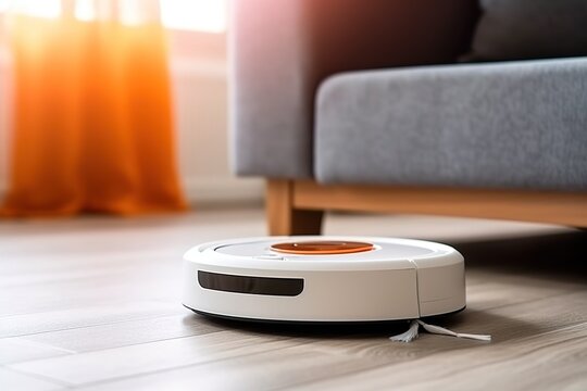 Staubsaugroboter der im Haus fährt Nahaufnahme generative Ai