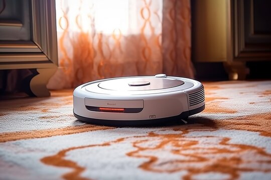 Staubsaugroboter der im Haus f&auml;hrt Nahaufnahme generative Ai