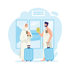 Hajj Islamic pilgrimage preparation flat illustration
