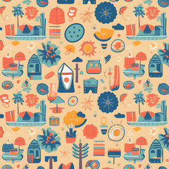 Collection of summer theme back ground, with orange and color full cute cartoon icons.