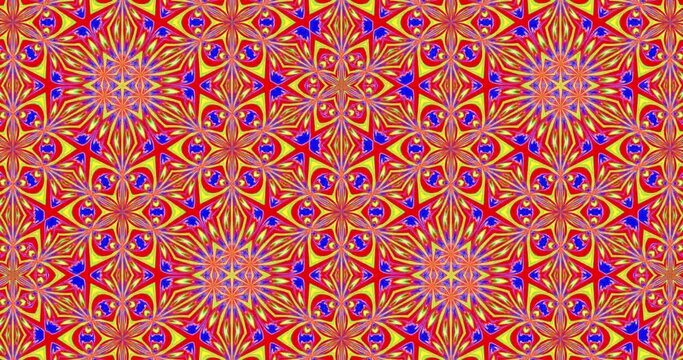 Glowing multicolored kaleidoscopic background from rays of light. Animated background and club video. Endless cycle. A loop