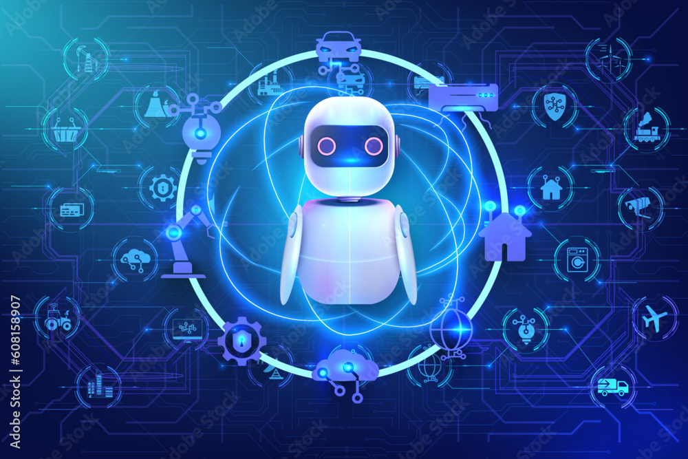 Fototapete Artificial intelligence manages data traffic and ensures security. Concepts of world communication. Internet of things (IOT) devices and connectivity concepts on a network. AI chat bot based. Vector