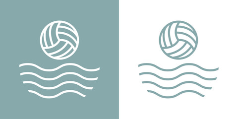 Logo club de voleibol de playa. Silueta de pelota de voleibol de playa lineal con olas de mar © teracreonte