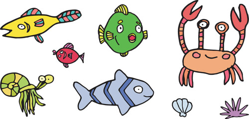 Sea fish creatures cartoon funny marine kids vector set