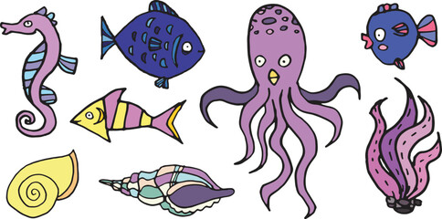 Sea fish creatures cartoon funny marine kids vector set
