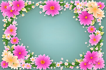 Fototapeta na wymiar Pink flowers with leaves on a green background, with space for text. Generative AI