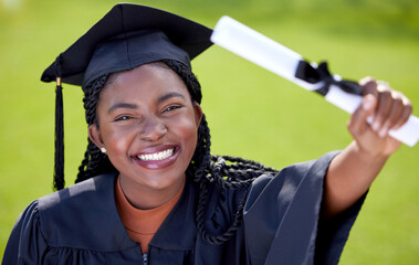 Black woman, smile in portrait with diploma and graduation, education success and achievement with happiness. Certificate, degree and qualification with female graduate, celebration and university