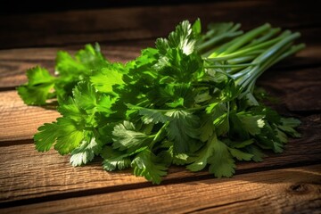 coriander leaves spread out on a rustic wooden surface