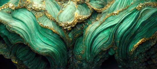 Abstract deep green jade with embedded gold rock specimen, cracked and fragmented shiny pearlescent texture and grooved wavy line eroded patterns - generative ai