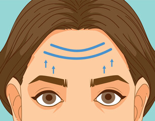 A woman faced age problems. Age skin. Wrinkles on the forehead.  Mimic wrinkles. Healthcare illustration. Vector illustration.