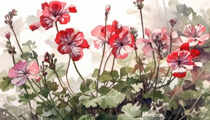 Fototapeta na wymiar Vibrant Geranium Arrangement on White Background in Modern Watercolor Style for Invitations and Posters. Generative AI