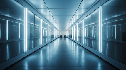 Blue abstract futuristic tunnel with neon lines. Generative AI