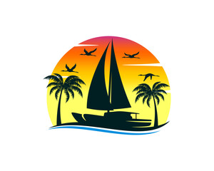 Fototapeta na wymiar Sailing boat in sunset view logo