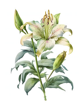 Watercolor Lily flower with leaves isolated on white