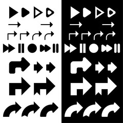 Set of black and white arrows. Simple flat arrows for web and mobile app design. Buttons forward and backward. Modern abstract simple cursors.