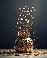 Falling coins into a glass jar with coins on the table. - obrazy, fototapety, plakaty