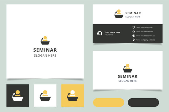 Seminar logo design with editable slogan. Branding book and business card template.