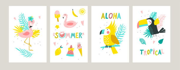 Card set of summer elements:  palm leaves, tropical flowers, flamingo, toucan, Tropical collection. Vector illustrations
