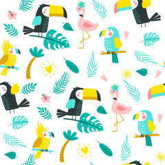 Summer seamless pattern with palm leaves, tropical flowers, flamingo, toucan. Vector illustrations